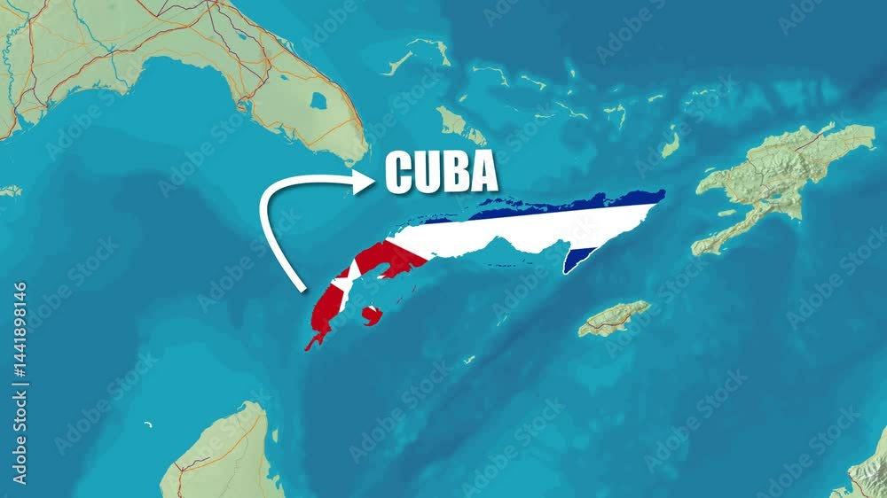 Map of Cuba Zooming Animation with Flag Rotating and Text Display 4K Video Full HD