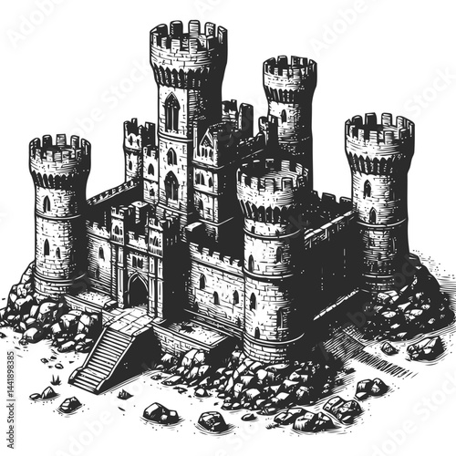 Intricately illustrated medieval castle ruin portraying artistic decay and timeless stone textures, perfect for historical or creative designs.