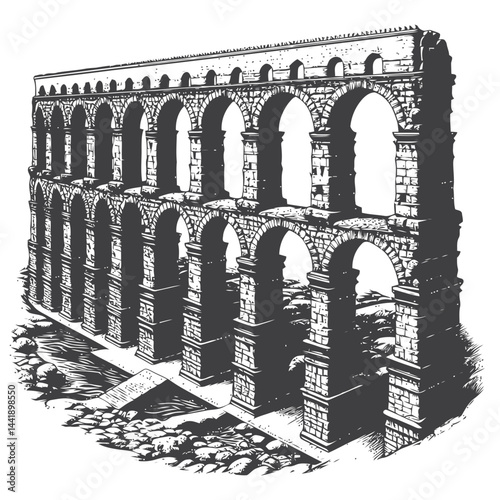 Ancient Roman aqueduct covered with lush vegetation and moss, blending historical architecture with nature's growth over time