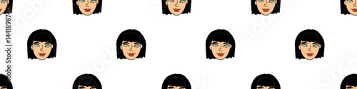 Vector Seamless pattern with cartoon face girl or woman. Hand drawn heads of kids people in doodle style. Childish, girlish fun cute texture backdrop.