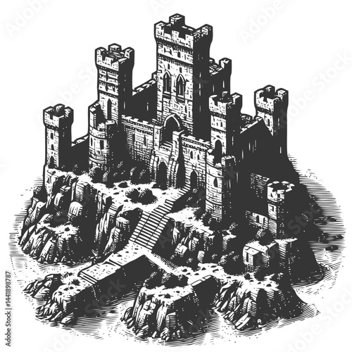Stunning medieval castle ruin depiction highlighting intricate details, architectural weathering, and a captivating historical ambiance.