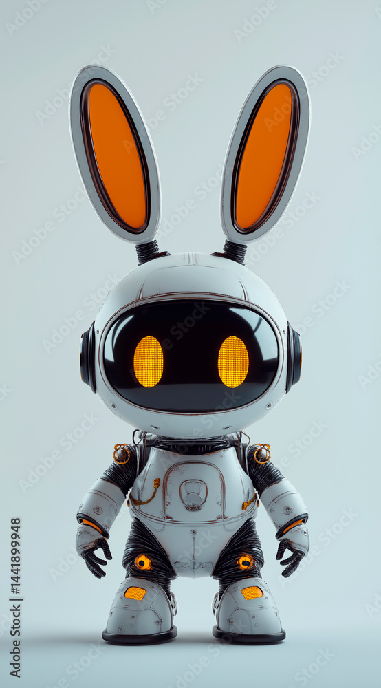 A 3D rendered image of a small, white and gray robot with bunny ears standing on a light gray background, suggesting a blend of technology and whimsical design, possibly for concepts related to AI,