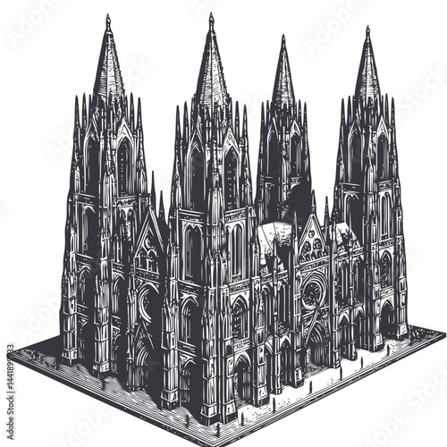 Gothic cathedral towering over the landscape, with grand spires and ancient stonework, reflecting the grandeur of historical religious architecture