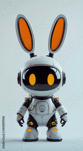 Obraz na płótnie A 3D rendered image of a small, white and gray robot with bunny ears standing on a light gray background, suggesting a blend of technology and whimsical design, possibly for concepts related to AI, w salonie