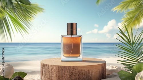 Fragrance bottle on wooden platform near ocean, surrounded by tropical palm leaves during sunny day