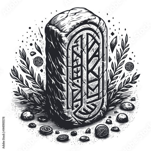 Close-up view of an ancient Viking runestone, weathered and adorned with intricate Norse carvings and runes