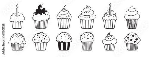 Baked dessert for birthday party muffins or cupcakes doodle hand drawn icon set. Outline drawing line clipart symbol collection