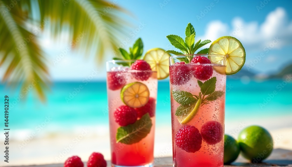 Refreshing summer drinks with raspberries and mint on a tropical beach setting