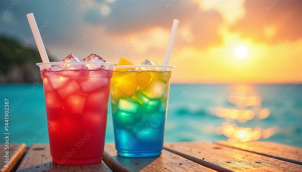 Colorful beverages sit on a wooden table by the ocean at sunset with ice and tropical fruit
