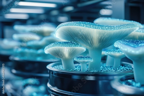 Glowing blue mushrooms cultivated in a futuristic, controlled environment.