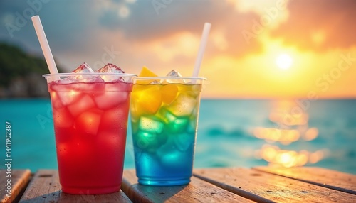 Obraz na płótnie Colorful beverages sit on a wooden table by the ocean at sunset with ice and tropical fruit w salonie