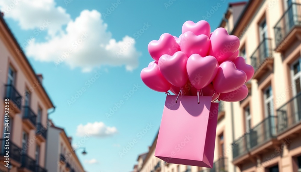 Heart-shaped balloons float above a pink bag on a sunny day in a lively city street