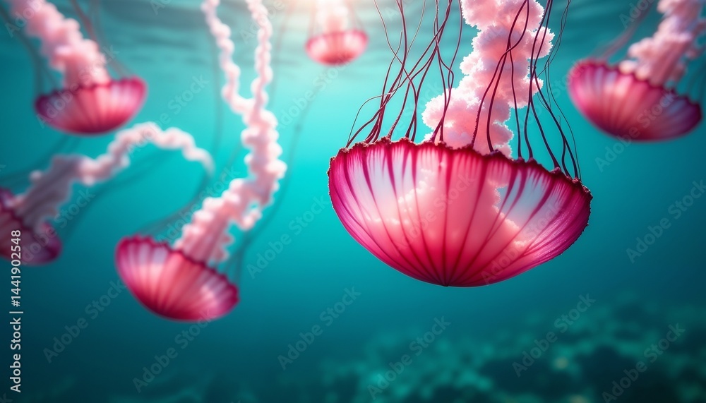 Colorful jellyfish swimming gracefully in clear ocean water during a sunny day