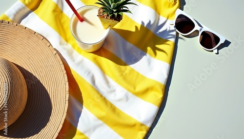 Obraz na płótnie Enjoying a refreshing drink on a sunny day with beach accessories and summer vibes w salonie
