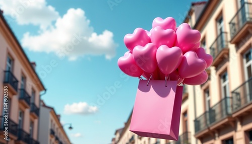 Obraz na płótnie Heart-shaped balloons float above a pink bag on a sunny day in a lively city street w salonie