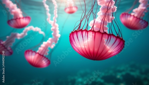 Obraz na płótnie Colorful jellyfish swimming gracefully in clear ocean water during a sunny day w salonie