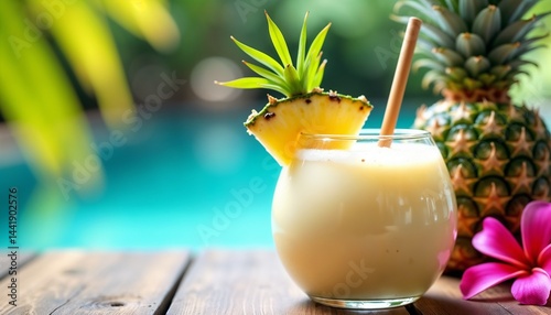 Obraz na płótnie Refreshing tropical drink served with a slice of pineapple by the poolside on a sunny day w salonie