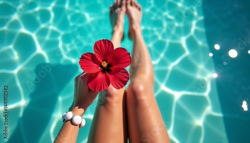 Relaxing by the pool with a vibrant hibiscus flower on a sunny day