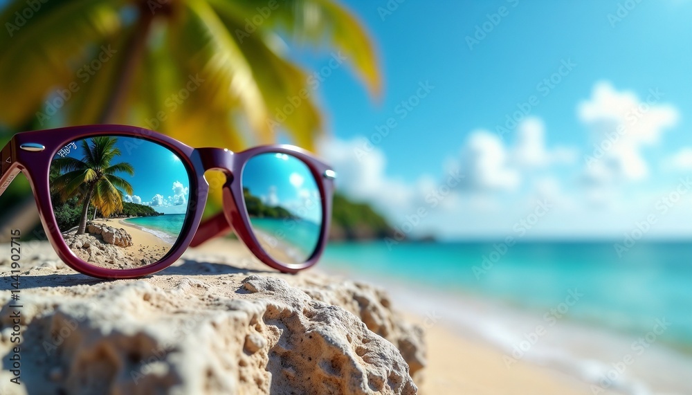 Colorful sunglasses resting on a rock by the beach with clear blue waters and palm trees