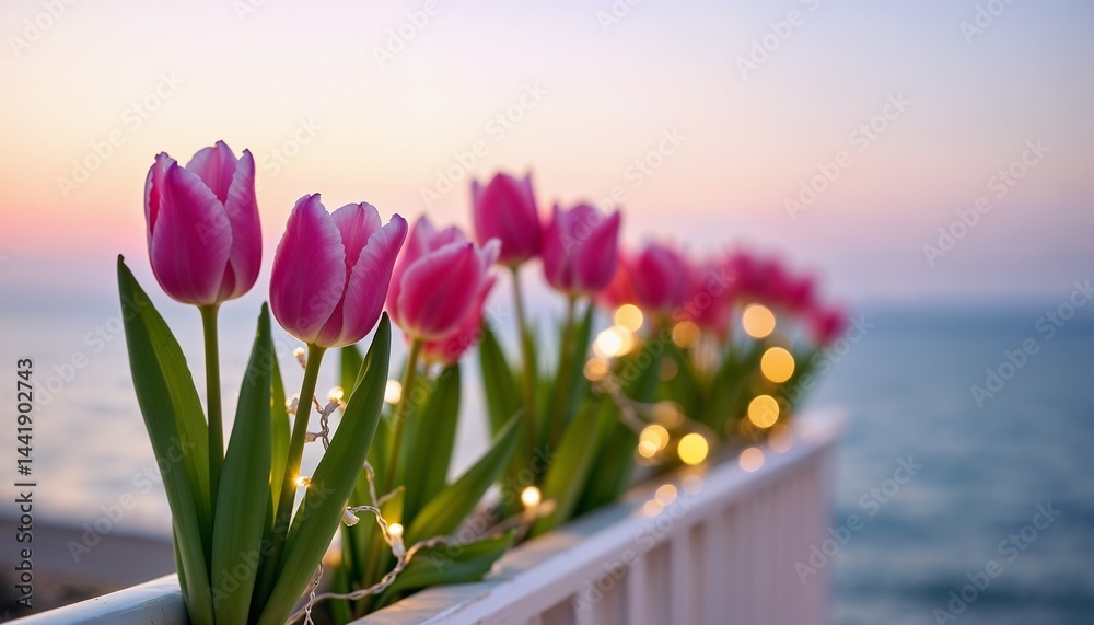 Beautiful pink tulips along a railing at sunset near tranquil waters with soft lights