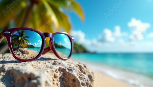 Obraz na płótnie Colorful sunglasses resting on a rock by the beach with clear blue waters and palm trees w salonie