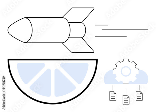 Rocket speeding forward, lemon slice below, gear over cloud with documents. Ideal for innovation, technology, speed, productivity, creativity data sharing automation. Flat simple metaphor