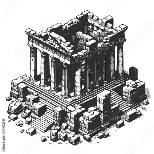 Majestic architectural ruins of an ancient Greek temple with classical columns and intricate details reflecting the beauty of antiquity.
