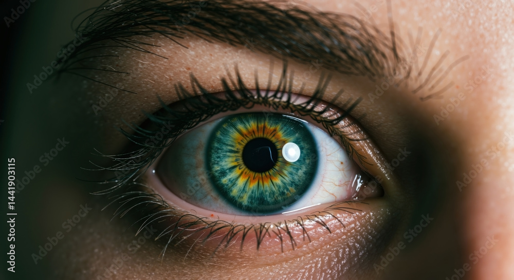 Fototapeta premium Extreme close-up of human eye with vibrant turquoise iris and golden accents. Vision health. Optometry services, contact lenses, eye care products, laser surgery, medical diagnostics