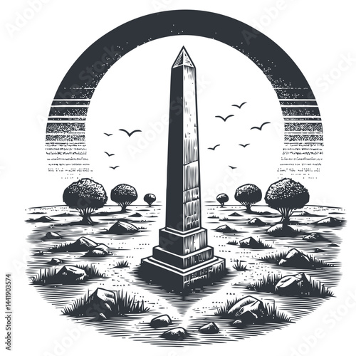 Ancient lonely stone obelisk surrounded by grass and clouds, symbolizing history, architecture, and the passage of time with intricate stone details.