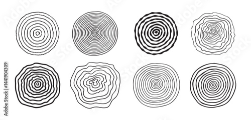 tree rings background and saw cut tree trunk icon doodle hand drawn. Outline wood circle line drawing clipart symbol