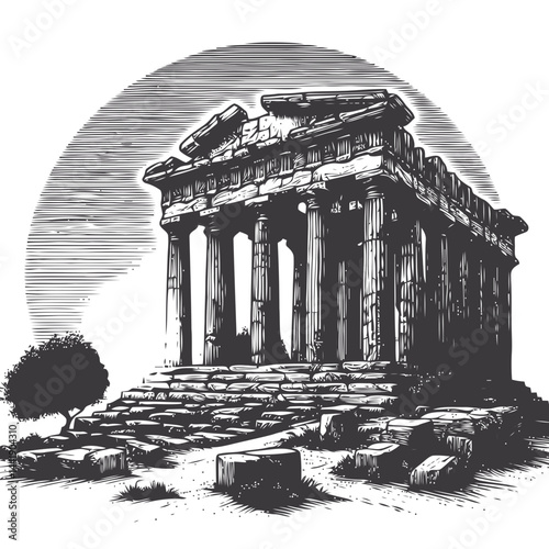 Remnants of a majestic Greek temple with crumbling columns and intricate details capturing the essence of classical antiquity.