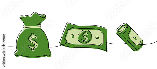Money set one line colored continuous drawing. Money investment and finance. Vector illustration.