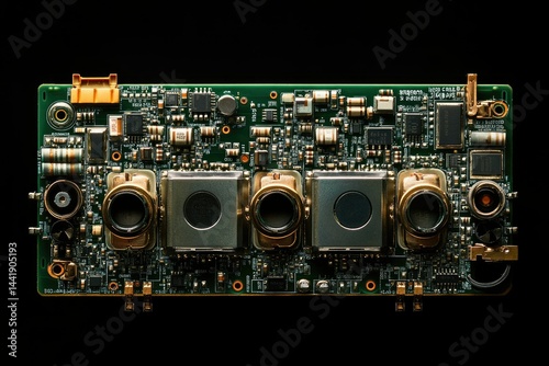 Close-up of a circuit board with four integrated processors and multiple components.