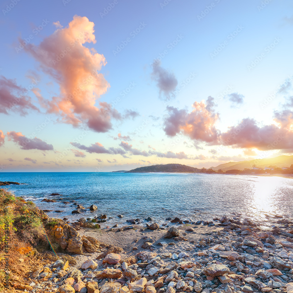Astonishing View of beautiful Chia bay and wonderful beach with Torre di Chia tower.