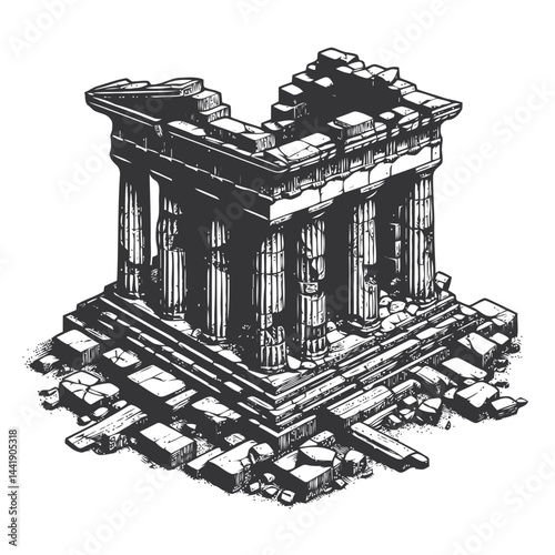 Crumbling Greek temple showcasing intricate craftsmanship with weathered stones and columns reflecting classical architectural magnificence.