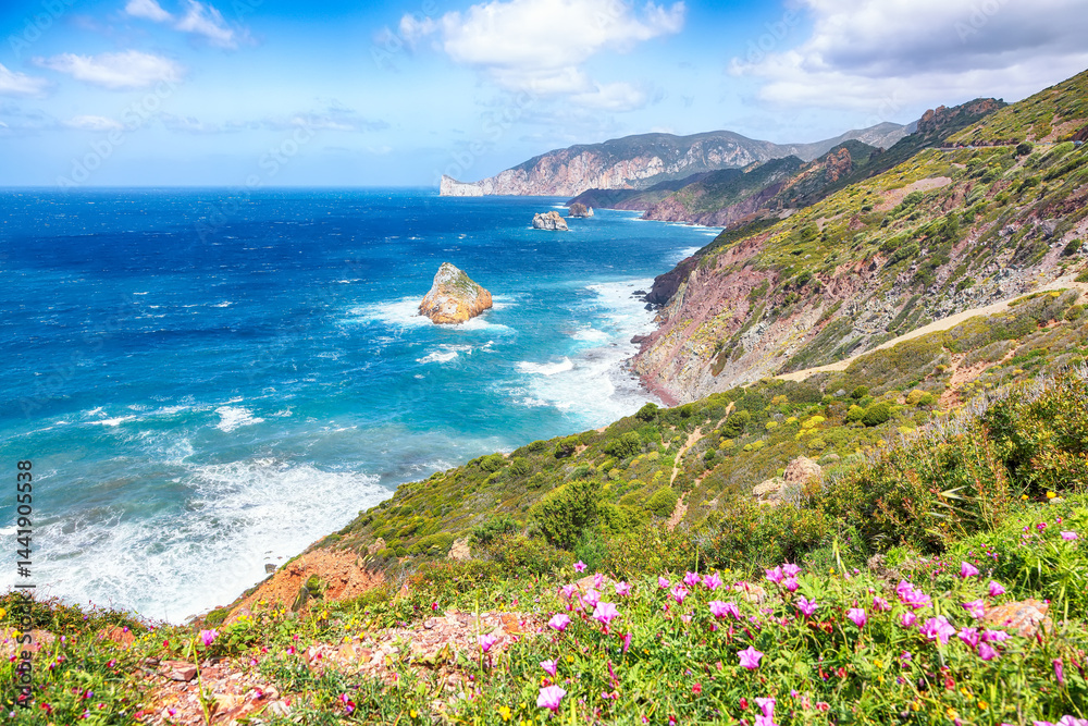 Attractive spring view of Nebida and Masua coast and Pan Di Zucchero on background.