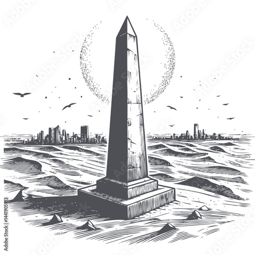 Majestic stone obelisk under a clear blue sky, blending historical significance with the serene beauty of nature.