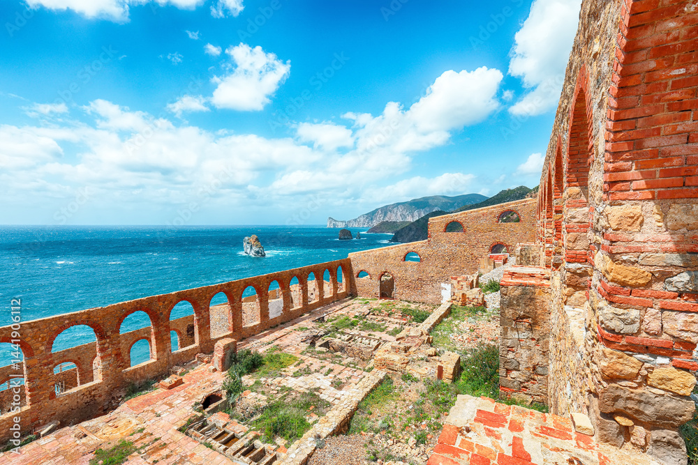 Attractive spring view of ancient ruins of Laveria Lamarmora (Miniera di Nebida).