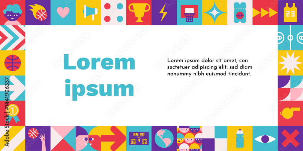 Fototapeta premium Vector flat horizontal frame for poster with square abstract icons which are signs of world basketball championship or cup. Template with copy space, geometrical clipart for sport collection