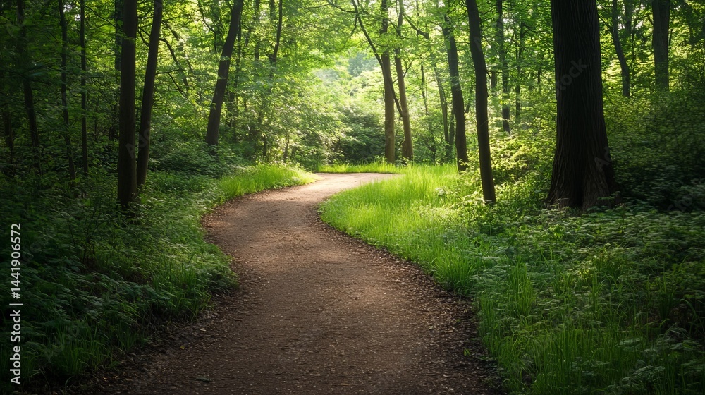Naklejka premium Serene winding path through lush green summer forest trees day way walk park road calm view woods