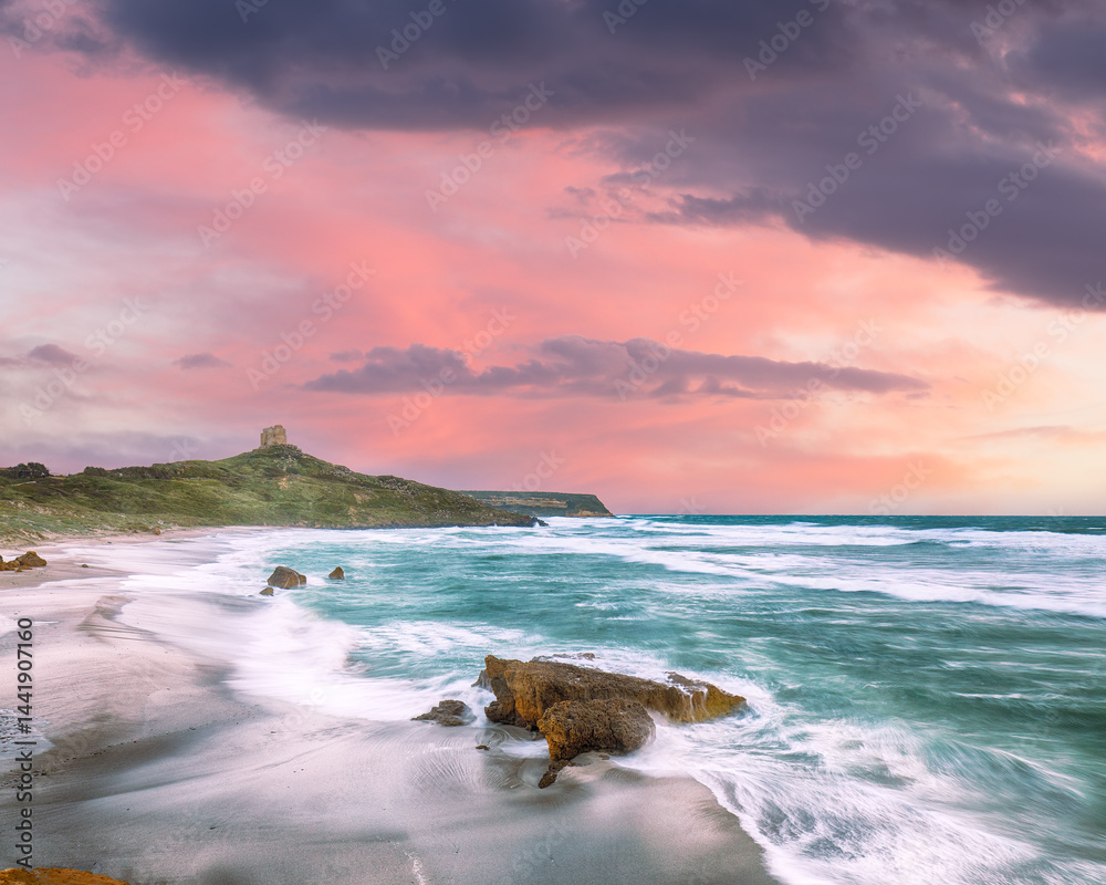 Attractive view of Capo San Marco Lighthouse on Del Sinis peninsula.