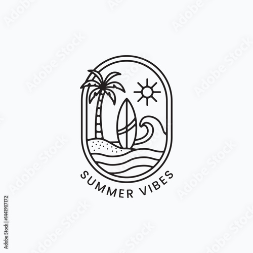 Minimalist Line Art Logo of a Palm Tree with Surfboard and Sun in Oval Frame