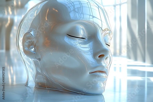 Sleek, futuristic head sculpture resting on a surface.