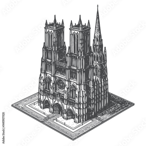 Gothic cathedral towering in the city skyline, with stunning spires and intricate stonework detailing its medieval design and religious importance
