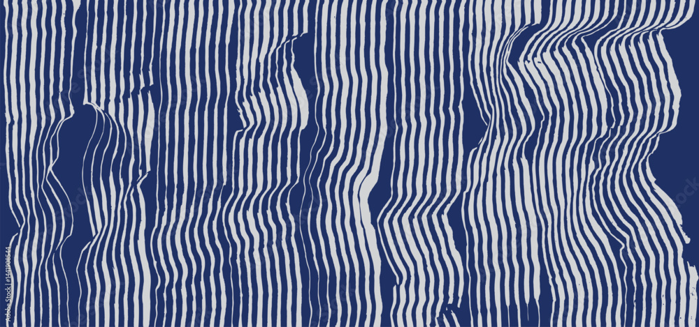 Hand drawn brush line abstract vertical stripes pattern, Japanese and ethnic wood carving, weaving texture background in white and blue, minimal graphic for textile, carpet, decoration