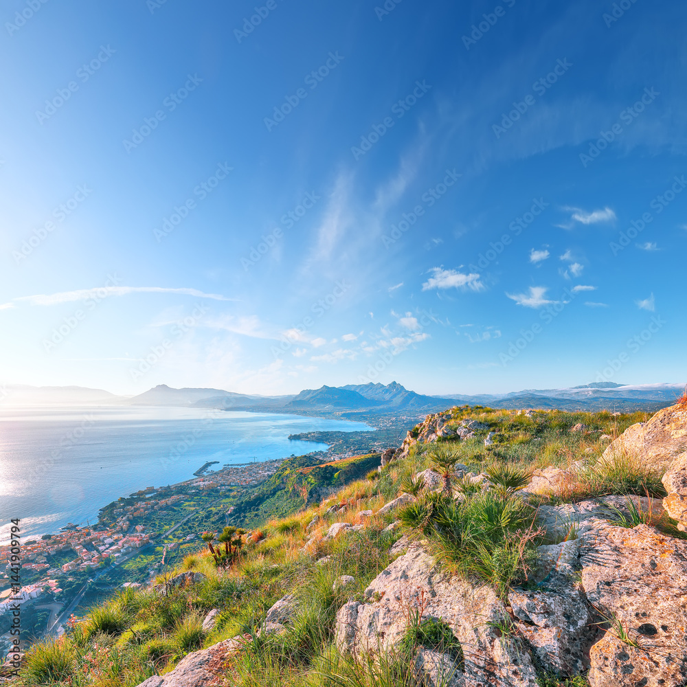 Fantastic view of Porticello and Santa Flavia towns and national park Orientata Pizzo Cane