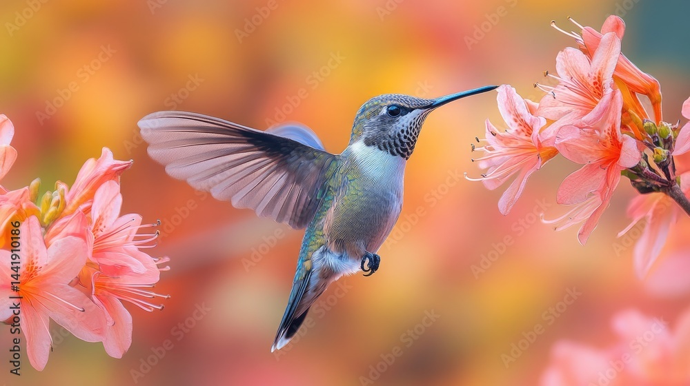 Naklejka premium A beautiful hummingbird hovering near pink blossoms in a soft, colorful garden setting with a dreamy, blurred backdrop