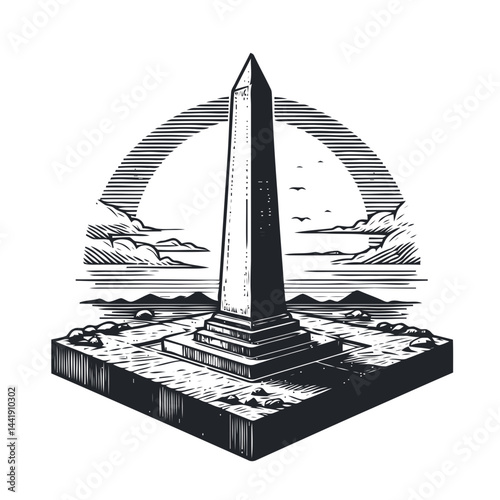 Graceful stone obelisk in a lush natural environment, representing historical monuments in harmony with nature's tranquility.