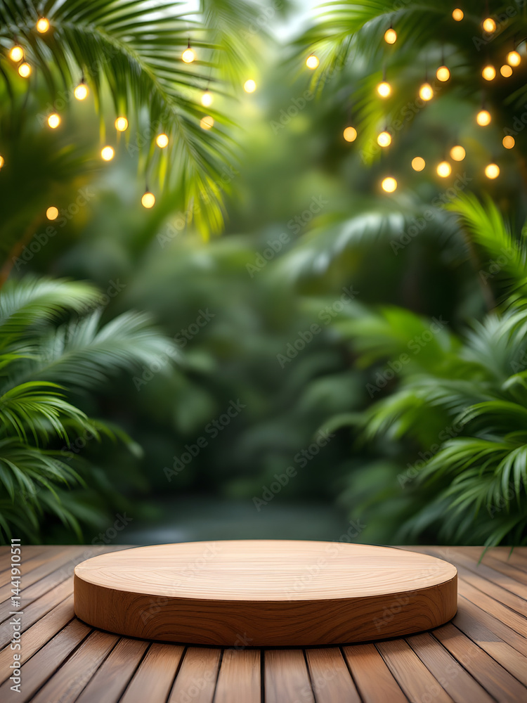 Wooden platform against tropical jungle backdrop with string lights bokeh effect Wooden platform against tropical jungle backdrop with string lights bokeh effect