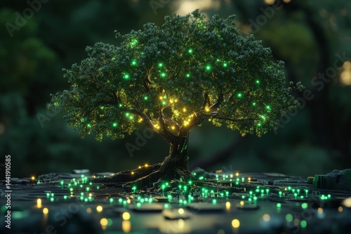 A tree with glowing leaves is lit up in the dark